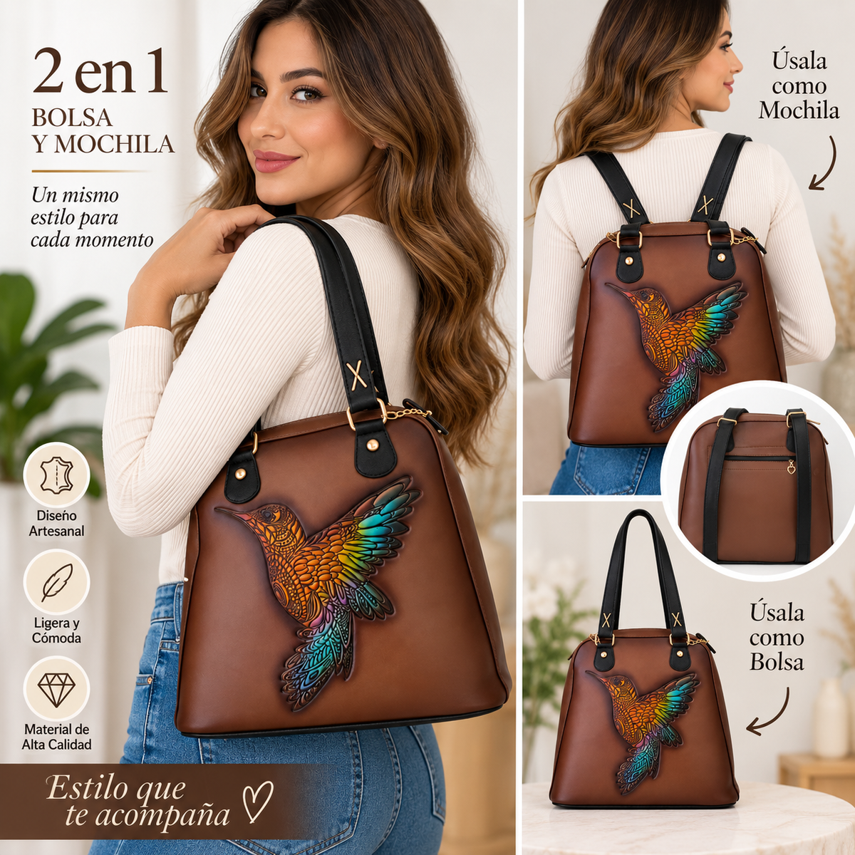 Bolsa Artesanal 2 en 1 Convertible en Mochila con Colibrí Multicolor en Relieve