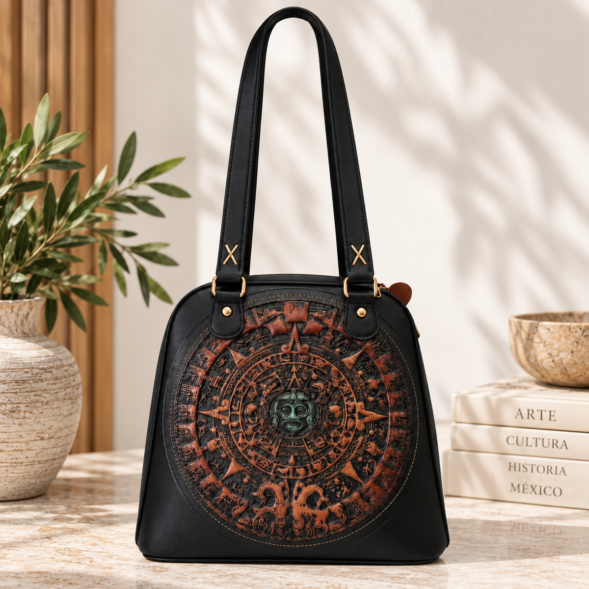 Bolsa Artesanal Negra con Calendario Azteca en Relieve