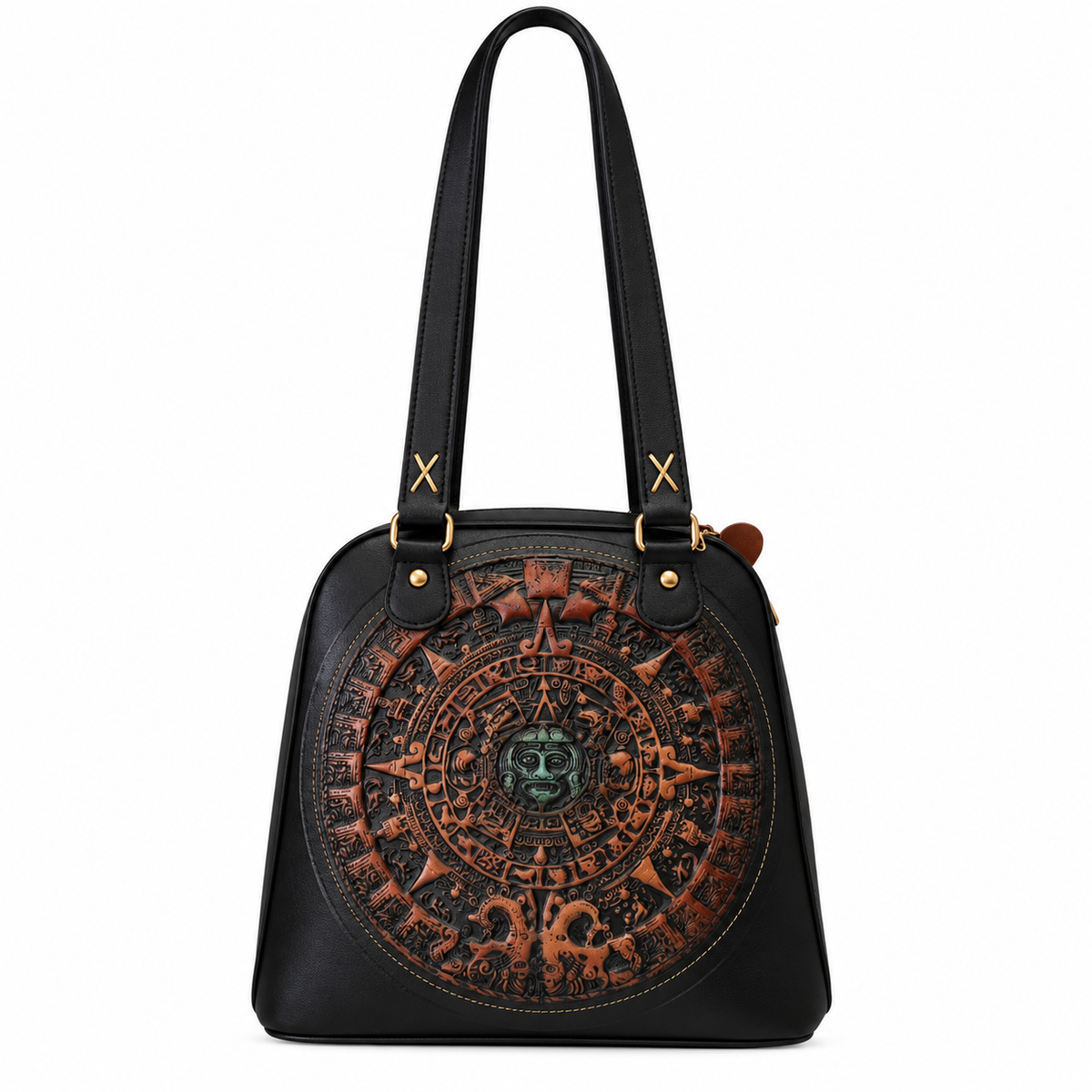 Bolsa Artesanal Negra con Calendario Azteca en Relieve