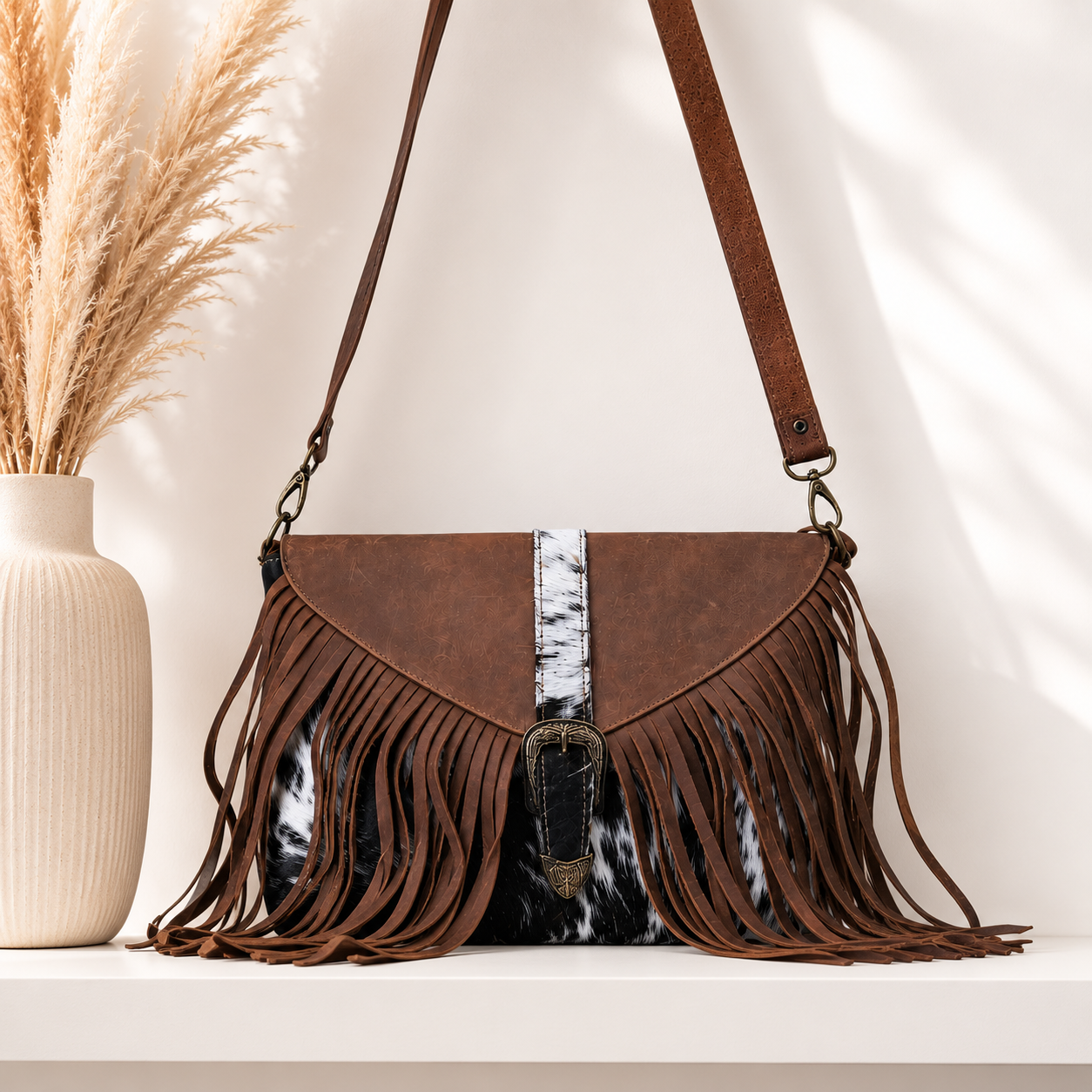 Handmade yellow backpack with natural fur and suede fringe