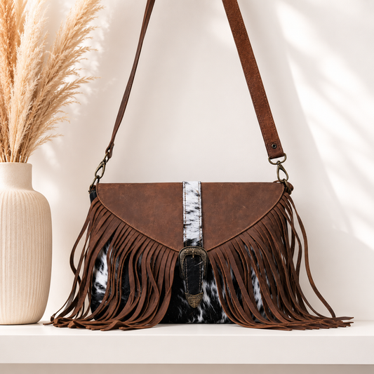 Handmade yellow backpack with natural fur and suede fringe