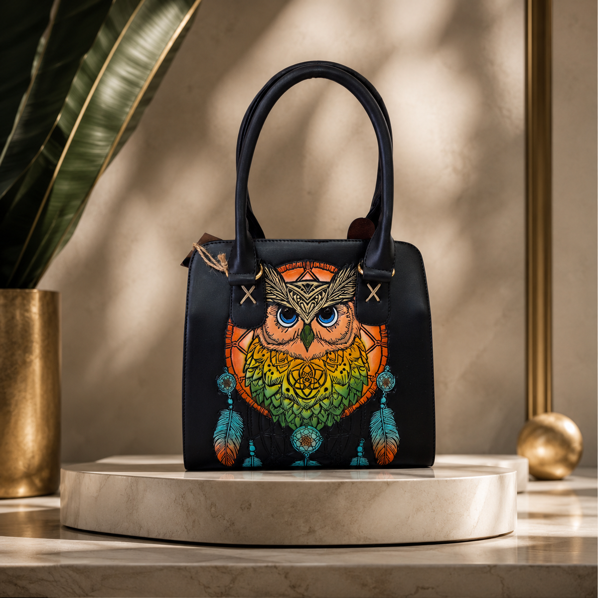 Bolsa Artesanal Negra con Búho en Relieve y Diseño Atrapasueños