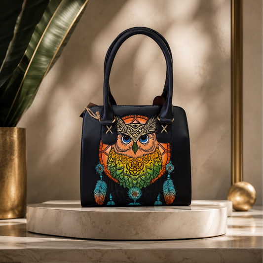 Bolsa Artesanal Negra con Búho en Relieve y Diseño Atrapasueños