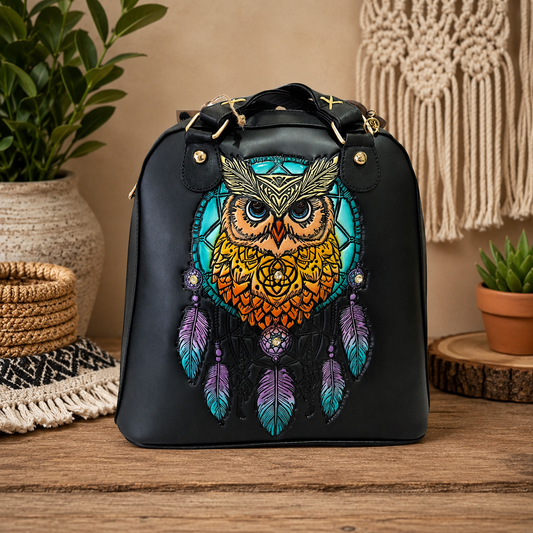 Bolsa Mochila Artesanal en Relieve Búho Atrapasueños Negra
