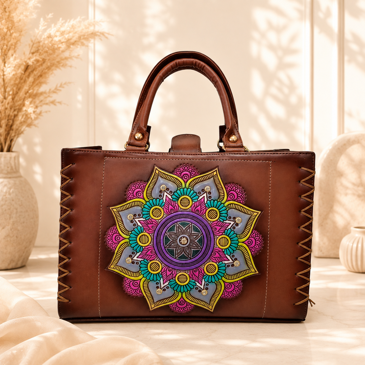 Bolsa Tote Artesanal Café para Mujer con Mandala en Relieve