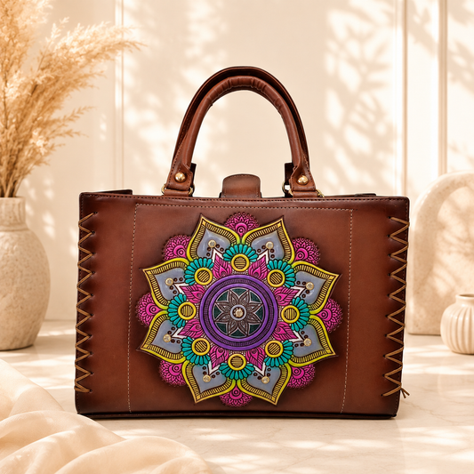 Bolsa Tote Artesanal Café para Mujer con Mandala en Relieve