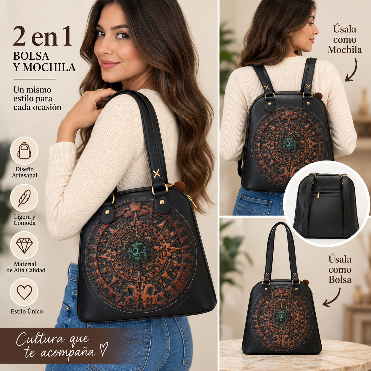 Bolsa Artesanal Negra con Calendario Azteca en Relieve