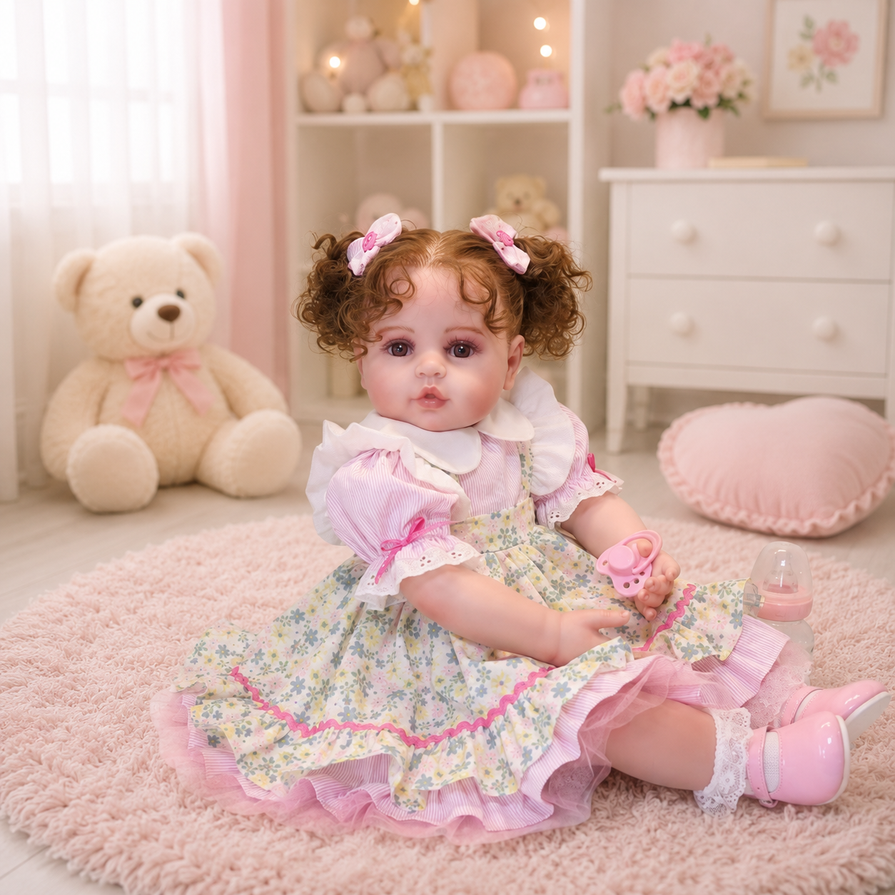 Muñeca Bebé Reborn 61 cm de Vinil y Tela con Cabello Castaño Rizado y Vestido Floral