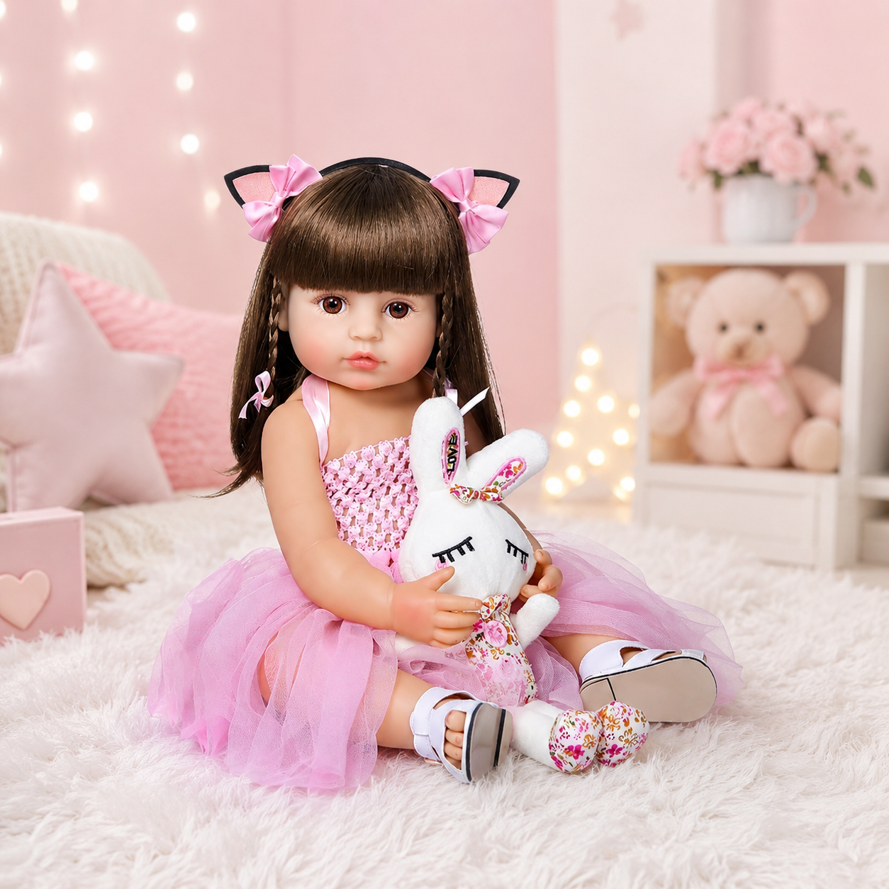 Realistic vinyl baby doll 55cm with brown hair and pink dress