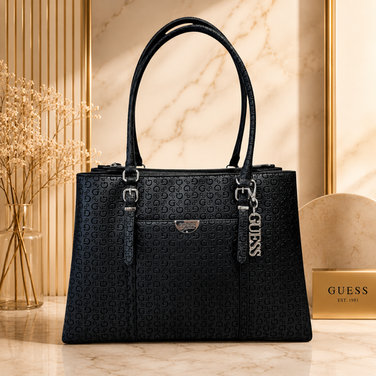Bolsa Tote Guess Negra Monograma con Cierre y Compartimentos
