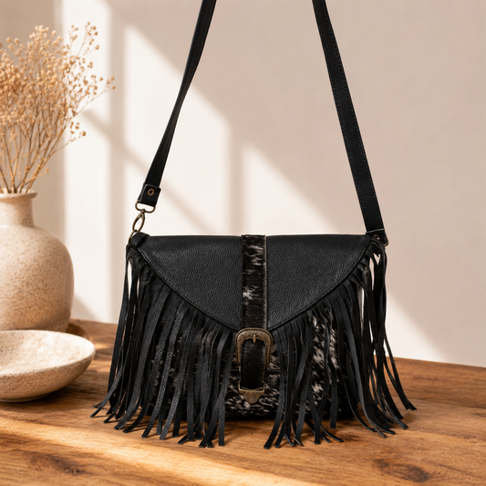 Handmade yellow backpack with natural fur and suede fringe